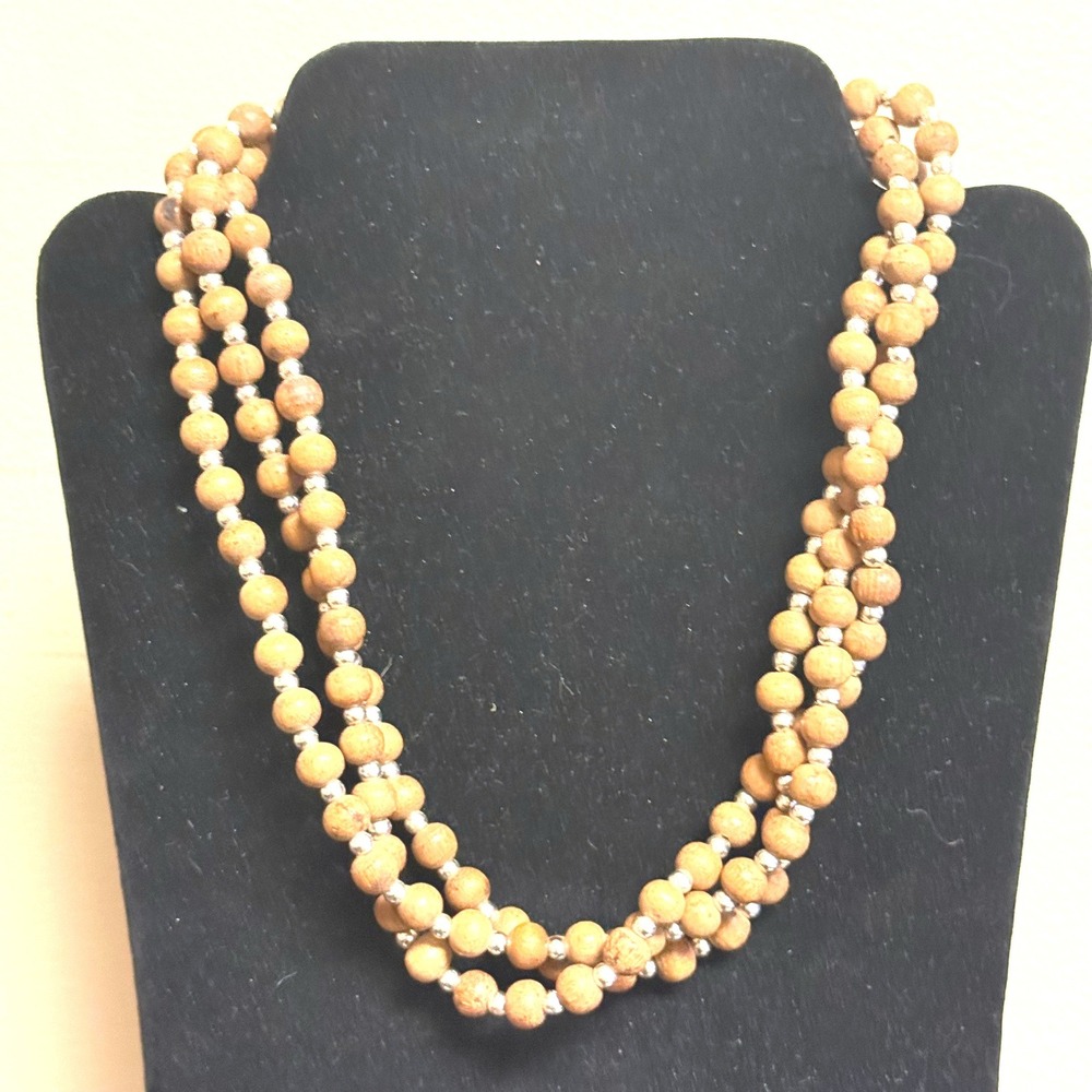 Vintage Triple Strand Wood and Silver Tone Bead Layered Necklace Brown 24 Inch